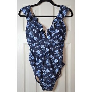 Pea in the Pod Floral Ruffle Maternity Swimsuit Navy Blue Size S Beach Vacation